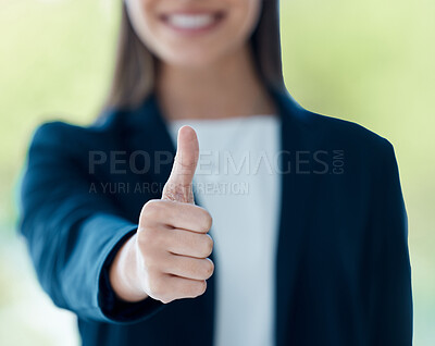 Buy stock photo Closeup shot of an unrecognisable businesswoman showing thumbs up in an office