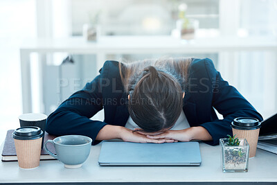 Buy stock photo Woman, desk and sleep for burnout or tired, fatigue and exhausted corporate worker in office. Nap, overworked and deadline for project manager person, coffee and workload pressure and low energy