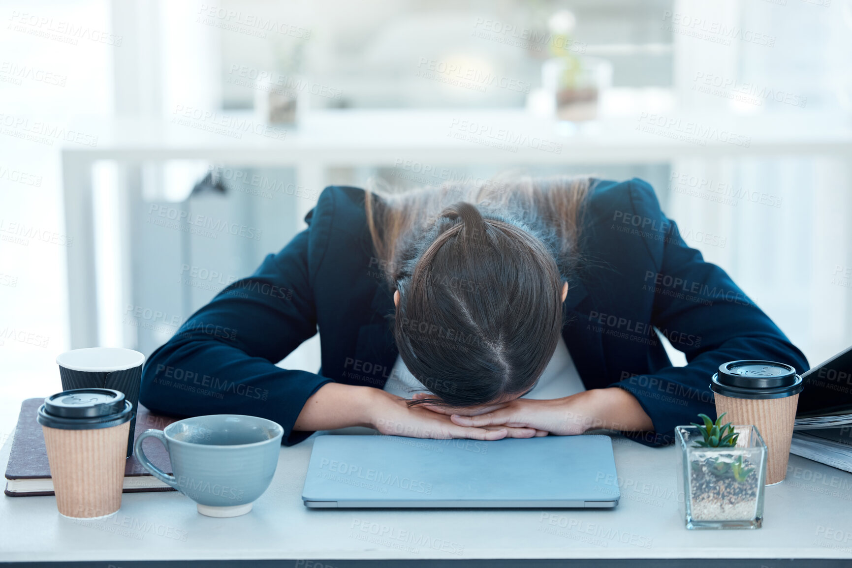 Buy stock photo Woman, desk and sleep for burnout or tired, fatigue and exhausted corporate worker in office. Nap, overworked and deadline for project manager person, coffee and workload pressure and low energy