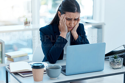 Buy stock photo Business, woman and stressed office with laptop, 404 error and burnout or mental health crisis in workplace. Corporate company, project report and worried for deadline, professional and work audit
