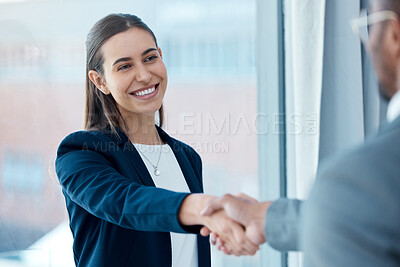 Buy stock photo Business, shaking hands and deal, happy woman in office with man, meeting and future partnership or collaboration. Welcome, thank you and corporate handshake for b2b contract agreement or onboarding.