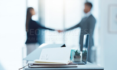 Buy stock photo Handshake, notebook and business people in a office with thank you, deal and agreement. Company team, shaking hands and networking of staff with interview, onboarding and hiring with paperwork