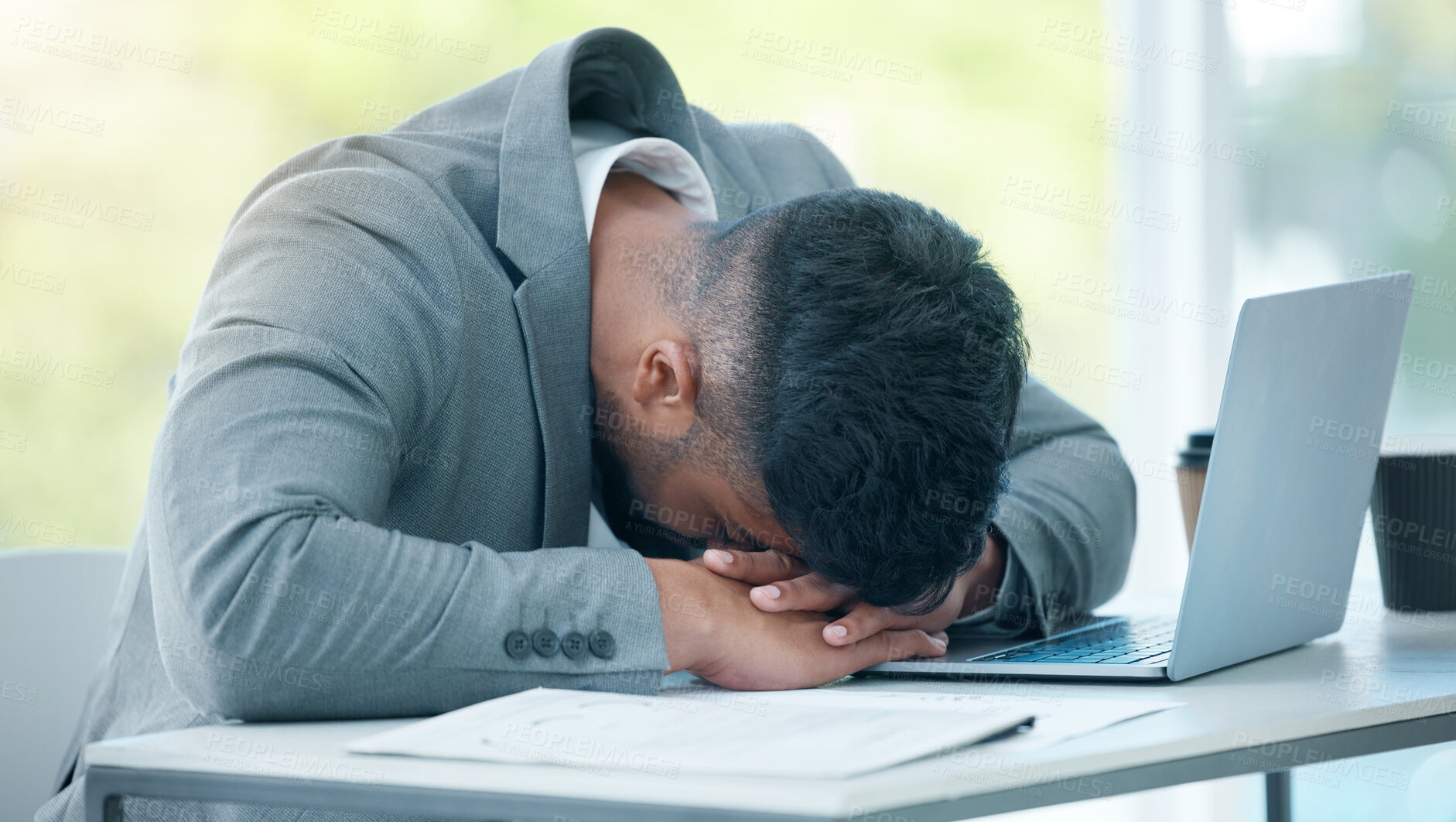 Buy stock photo Man, desk and sleep for burnout or tired, fatigue and exhausted corporate worker in office. Nap, overworked and deadline for project manager person, coffee and workload pressure and low energy