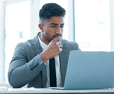 Buy stock photo Laptop, corporate and a business man thinking while working on a report in his professional office. Computer, idea and a young male employee contemplating or planning a project in the workplace