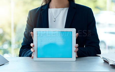 Buy stock photo Hands, tablet and screen for business advertising, marketing or promotion in office. Display, person or show digital technology for social media, information or mockup space presentation online