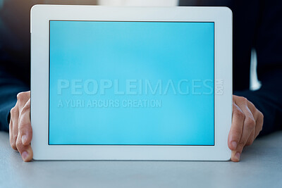 Buy stock photo Closeup shot of an unrecognisable businesswoman holding a digital tablet with a blank screen in an office