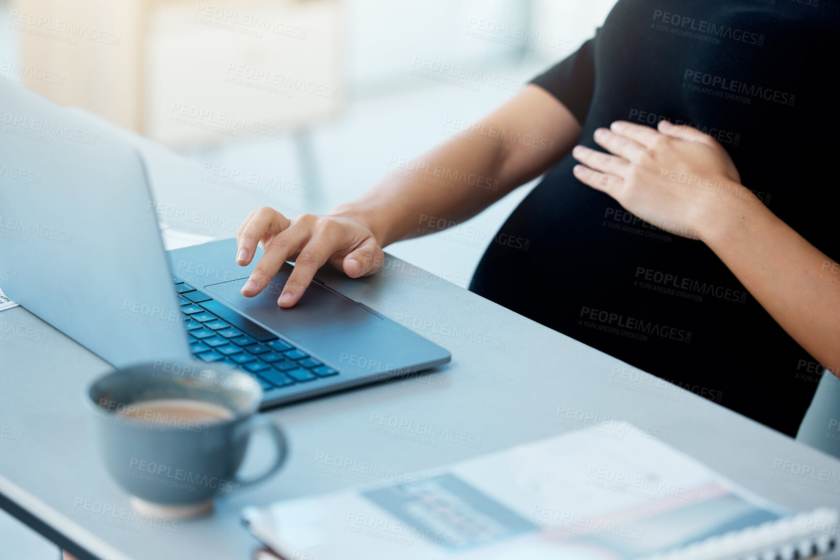 Buy stock photo Laptop, hands and pregnant employee, typing and closeup of woman, working and publicist in PR agency. Office, research and online for news of election, digital and writing of speech and mother