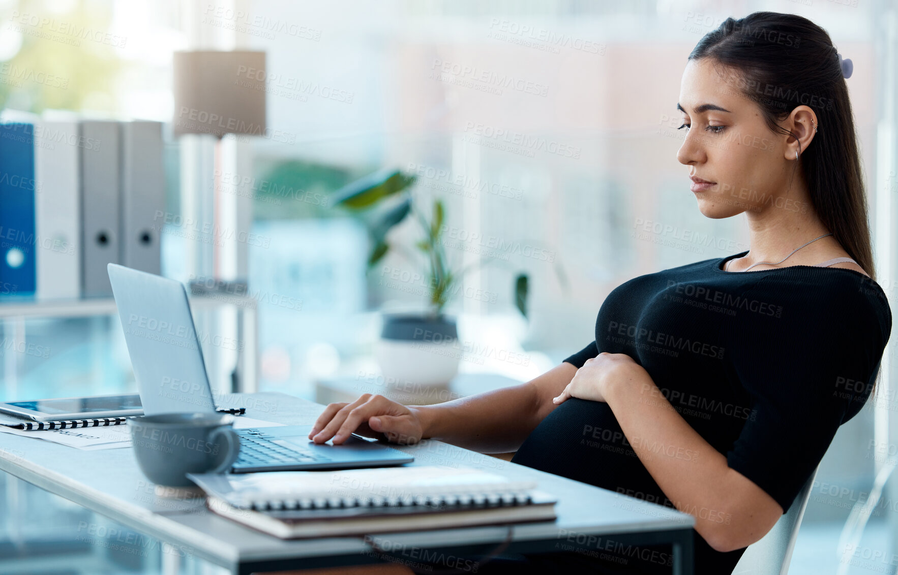 Buy stock photo Business woman, pregnancy and typing in office with laptop, search or project in finance company. Pregnant businesswoman, accounting and computer at desk with planning, schedule and touching stomach