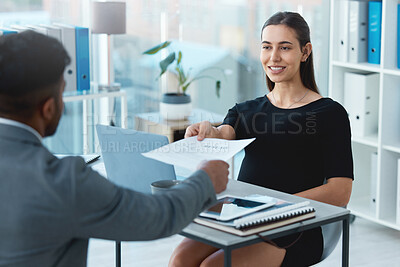 Buy stock photo Business meeting, hiring and resume of a corporate woman with hr and communication in office. Paperwork, interview and outsourcing in a company with professional opportunity and cv document review