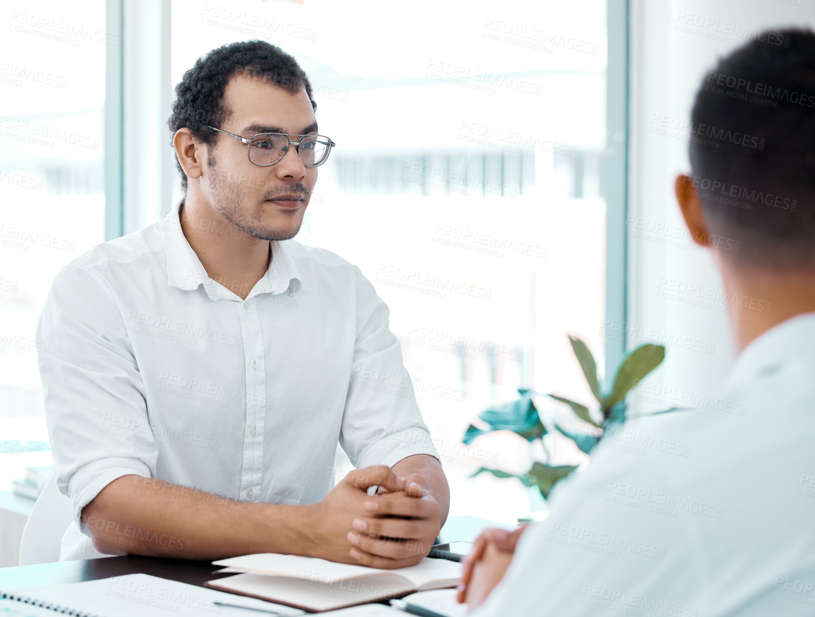 Buy stock photo Business man, meeting or discussion in office with colleagues for collaboration, communication and teamwork. Male person, listening or conversation with coworkers for planning and brainstorming