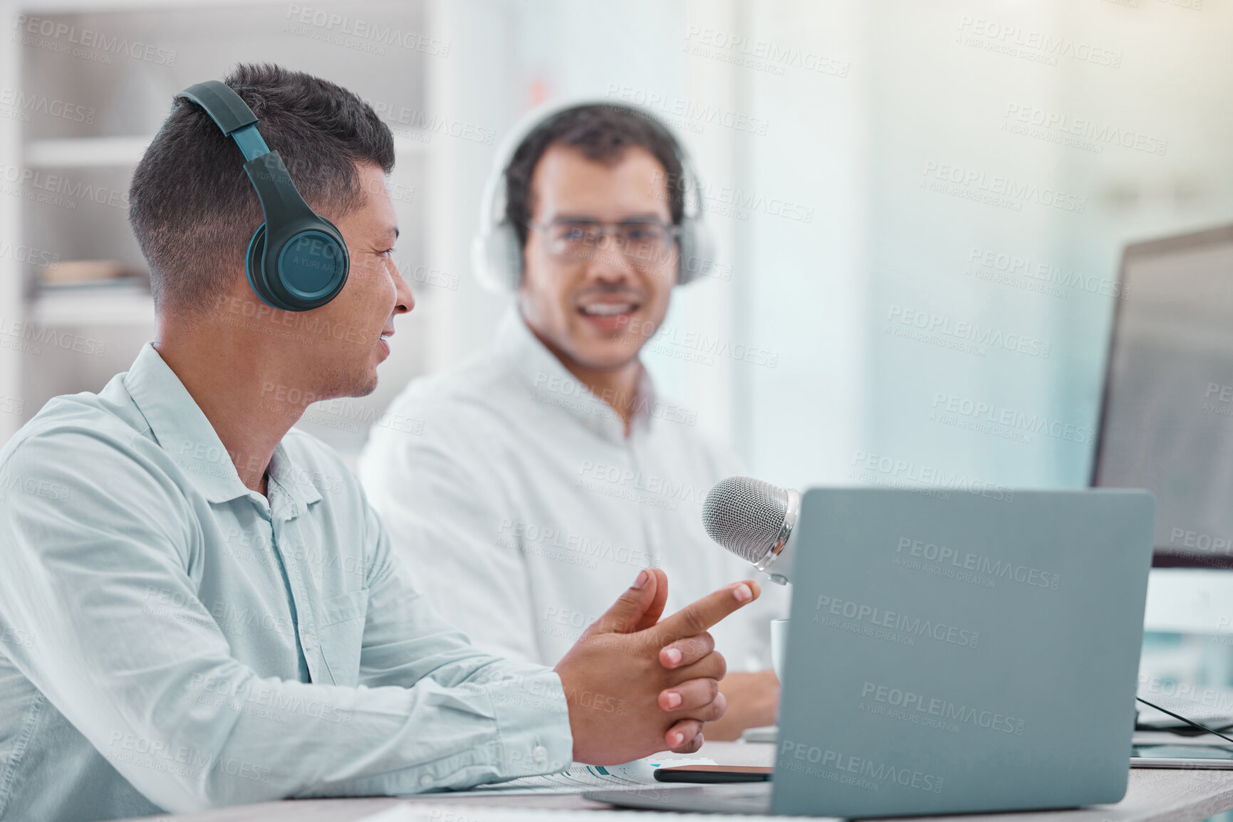 Buy stock photo Broadcast, radio interview and guest for discussion, share opinion and talk show on ai topic. Office, headphones and microphone of male journalist as host, speaker and presenter for online podcast