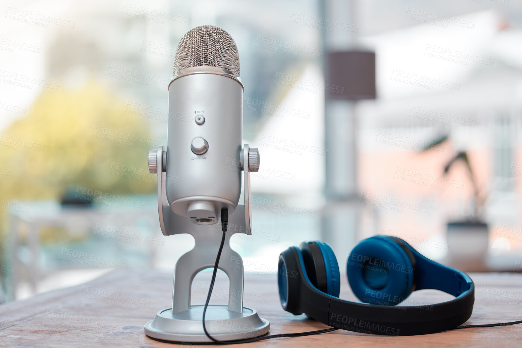 Buy stock photo Microphone, headphones and radio equipment for audio, news and interview with sound, technology and talk show. Podcast, recording and business journalism for broadcast and info on office live stream