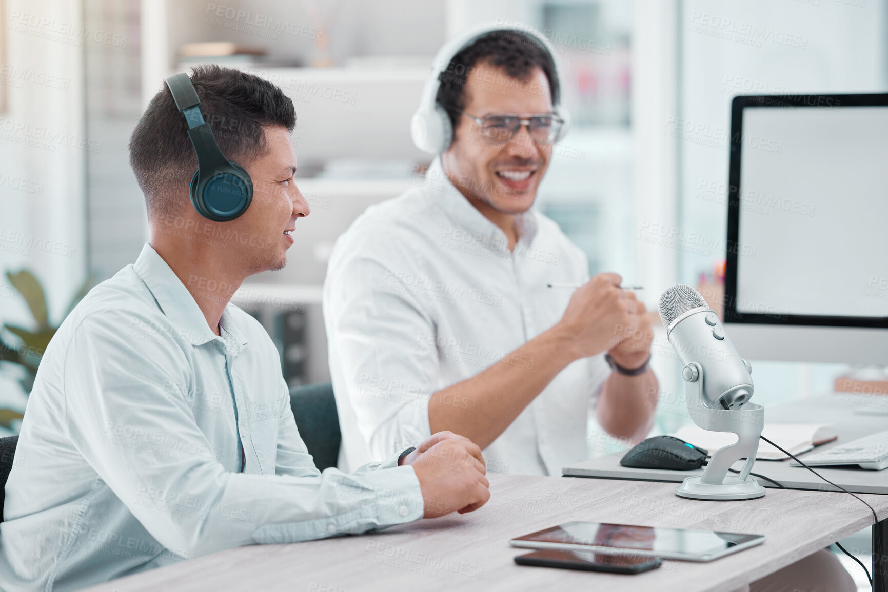 Buy stock photo Broadcast, radio interview and presenter for talk show, share opinion and discussion on ai topic. Office, headphones and microphone of male journalist as host, speaker and guest for online podcast