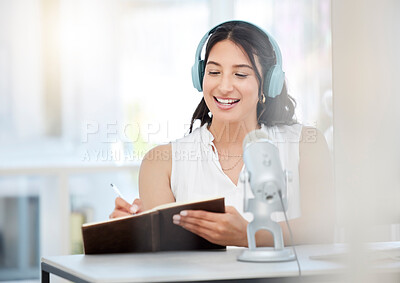 Buy stock photo Headphones, microphone or happy girl writing notes on podcast, online radio or network broadcast. Influencer host, woman or journalist reporter live streaming or planning content ideas or schedule 