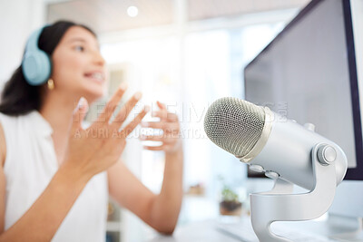 Buy stock photo Audio, microphone or woman live streaming a podcast media or online radio on broadcast network. Influencer host, blurry presenter or girl journalist reporter talking, recording or speaking of news 