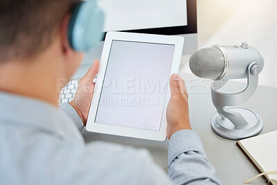 Buy stock photo Mockup on tablet, microphone or man on a podcast, online radio or or live streaming on broadcast network. Influencer host, mockup space or reporter reading or speaking of digital news blog on screen