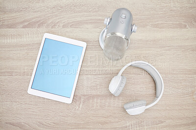 Buy stock photo Tablet, headphones and microphone for podcast recording, online and mockup on technology, Digital, live streaming or equipment for broadcasting on internet, interview and audio for app or radio media