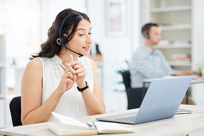 Buy stock photo Business woman, video call and laptop with webinar, training workshop and virtual communication at office. Female professional, online chat and conversation with help desk, tech support and seminar