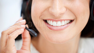 Buy stock photo Woman with smile, face and closeup with call center, happy agent teeth with communication and contact us. CRM, customer service and female consultant mouth with headset mic, positivity and telecom