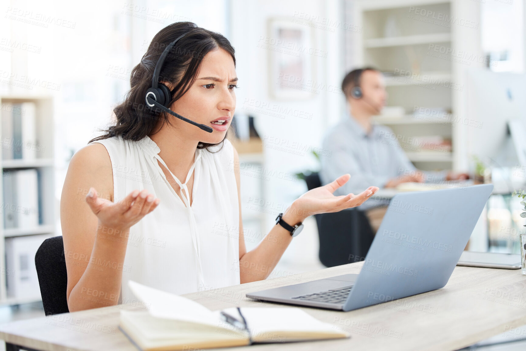 Buy stock photo Woman is angry at callcenter, frustrated with phone call and laptop software glitch or communication fail and confused. Customer service, tech support mistake and 404 with annoyed female consultant