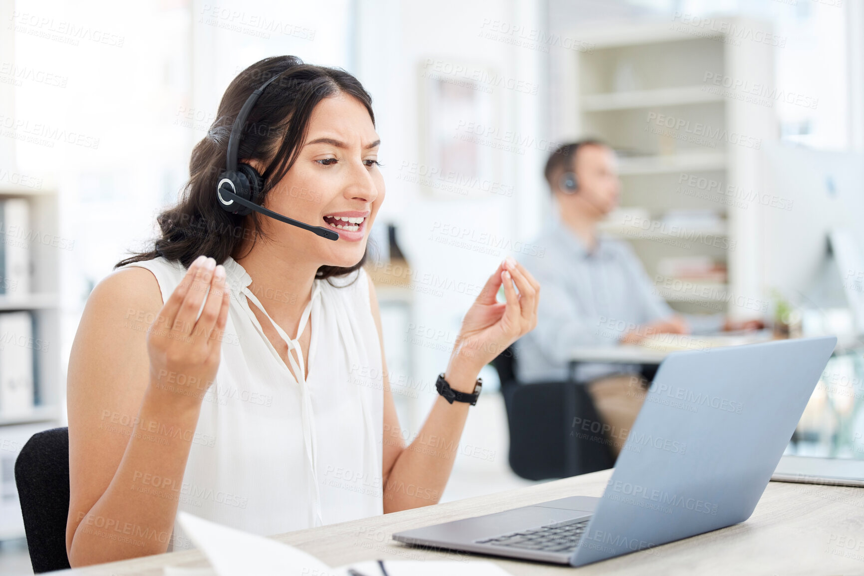 Buy stock photo Woman, callcenter and anger, frustrated with phone call and laptop software glitch or communication fail and confused. Customer service, tech support mistake and 404 with annoyed female consultant
