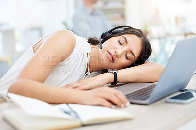 Buy stock photo Call centre, woman and sleep at desk from fatigue, laptop and contact us for overworked employee. Tired, telemarketing and communication on help line, female person and rest of table for burnout