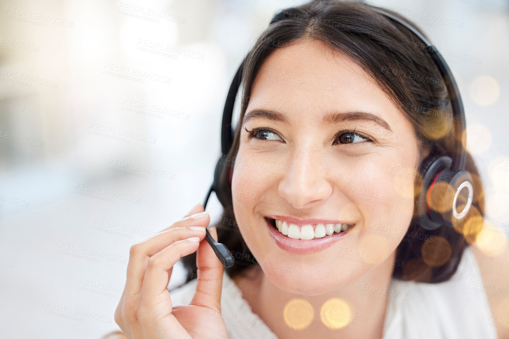 Buy stock photo Woman, call center and portrait with microphone or happy for tech support, advisor with job at help desk. Female consultant, communication and telemarketing in office for service discussion or advice