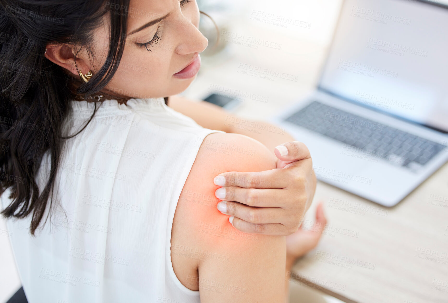 Buy stock photo Shoulder, pain and laptop for businesswoman with injury, accident or inflammation with overlay. Arthritis, office or medical for bad posture or joint for female person, copywriter and tension glow