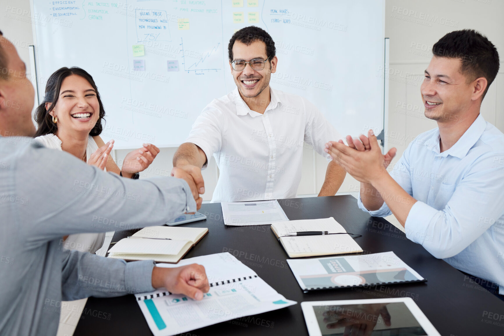 Buy stock photo Group, business people and handshake for collaboration with welcome, b2b deal and clapping in office. Employees, shaking hands and thank you for partnership, success and opportunity with applause