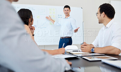 Buy stock photo Shot of a young businessman giving a presentation to his colleagues on a whiteboard in an office