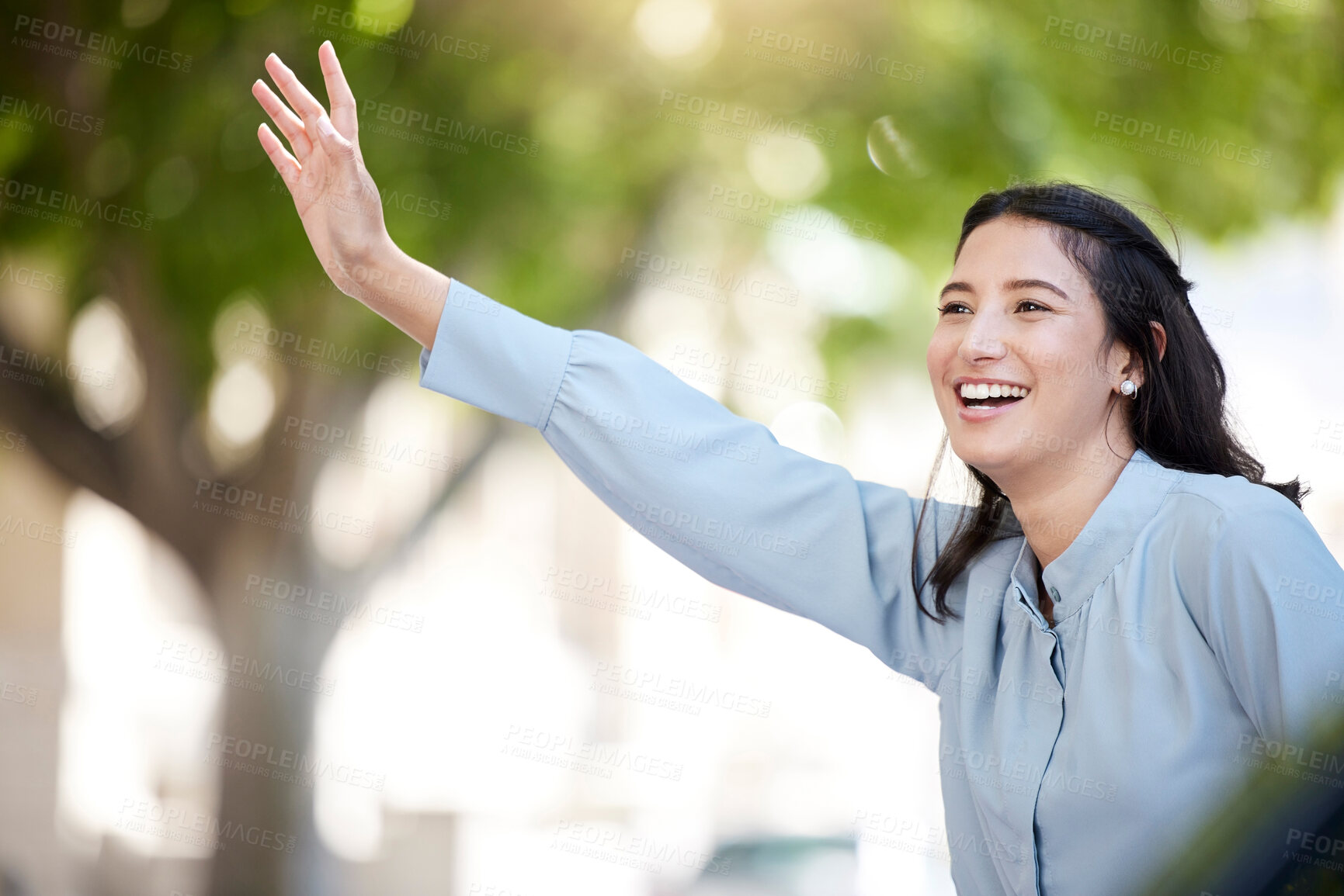 Buy stock photo Happy, businesswoman or hand up for taxi, attention or request in city on morning work commute. Bus, stop and female worker with gesture or sign on street for transportation, waiting or calling cab
