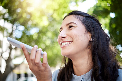 Buy stock photo Voice note, smartphone and woman in street for social media, speaking and networking or travel. Business, conversation and talk outdoor for connection, female person and smile for mobile app in city