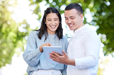 Buy stock photo Partnership, tablet and happy in street for networking, connection and social media or email. Business, smile and people outdoor for collaboration, internet or technology for communication in city