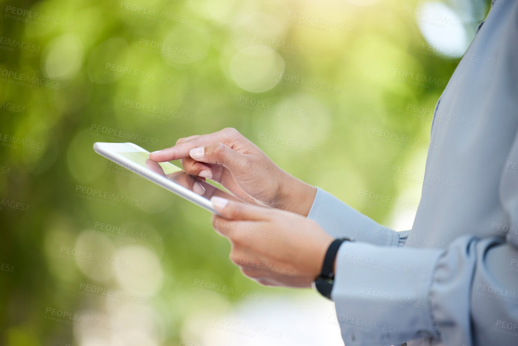 Buy stock photo Hands, tablet and woman in street for social media, streaming and networking or email. Business, technology and trader outdoor for stock market, internet and digital app for communication in city