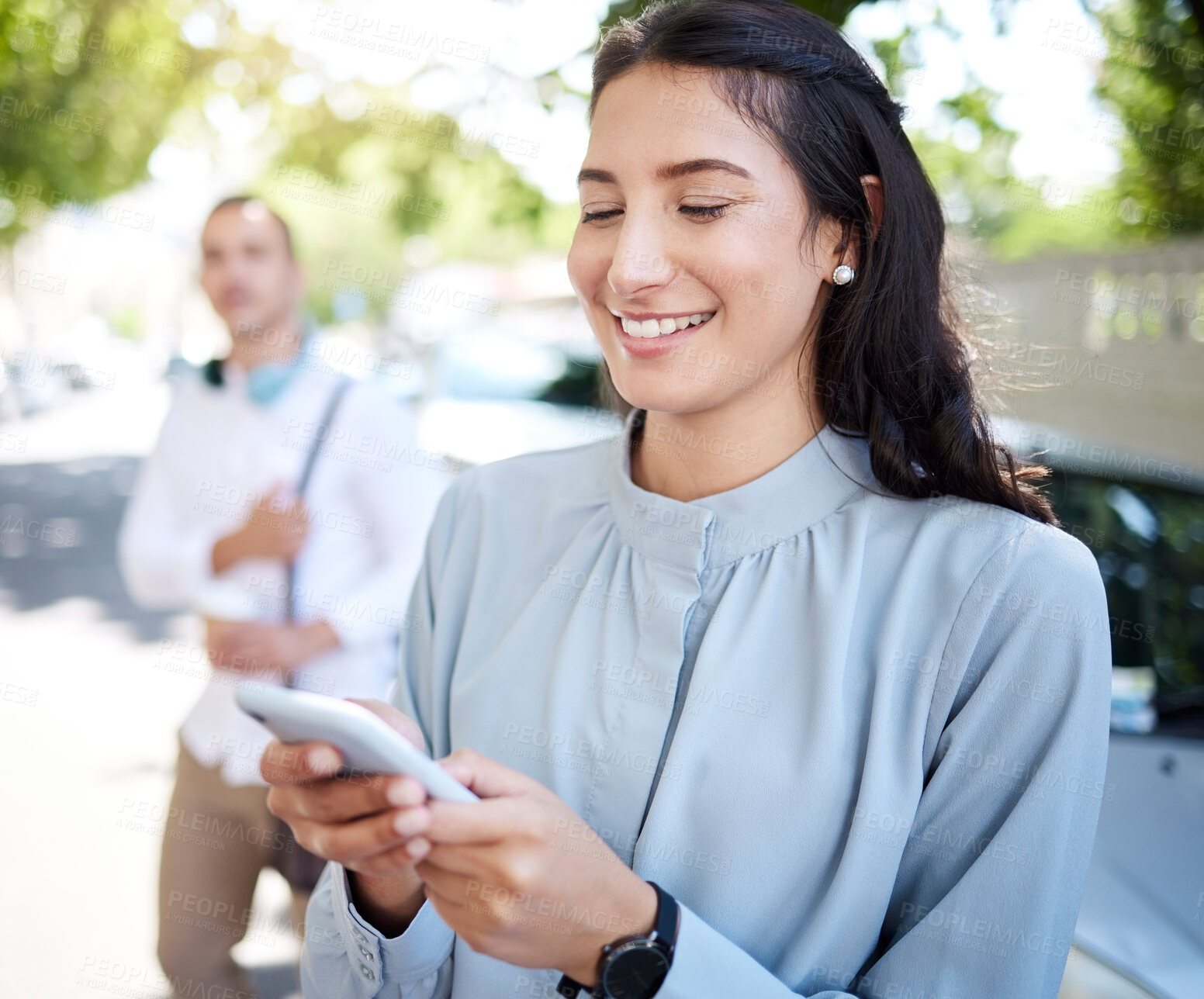 Buy stock photo Typing, cellphone and woman in street for social media, internet and networking or email. Business, contact and trader outdoor for stock market, online and mobile app or happy for connection in city