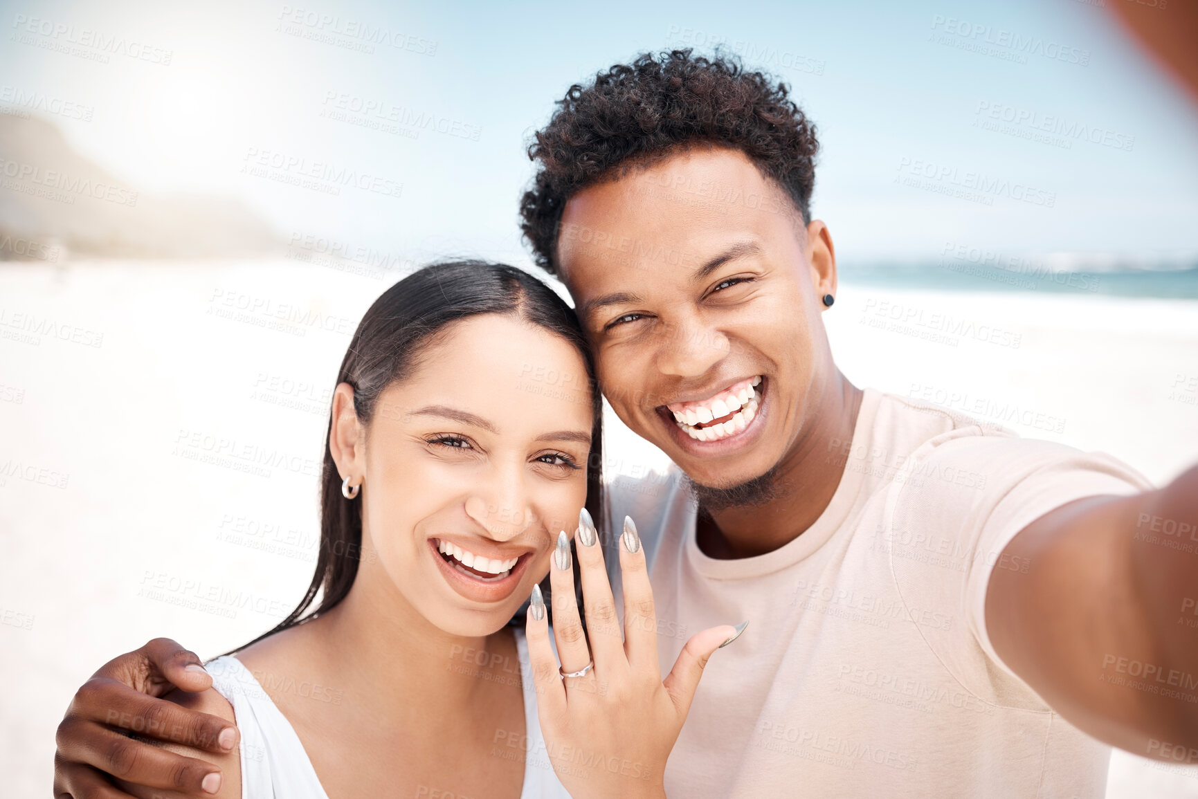 Buy stock photo Selfie, beach and couple with love, engagement and smile with happiness, excited and romance. Portrait, memory and seaside with man, woman and commitment with tropical island, vacation and holiday