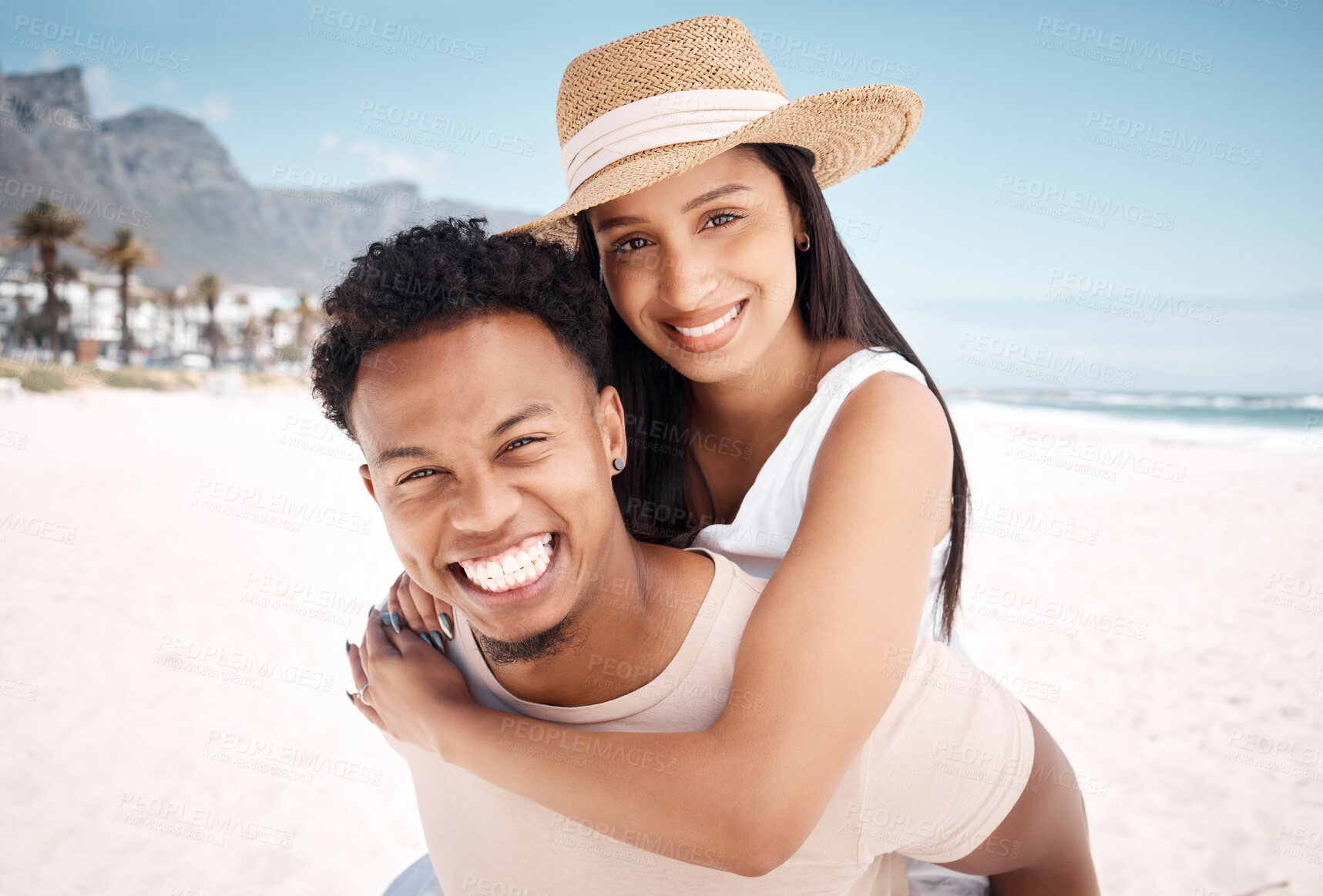 Buy stock photo Portrait, beach and couple with piggy back, love and happiness with romance, smile and travel. Face, seaside and man carrying woman, marriage and adventure with vacation, summer holiday and honeymoon