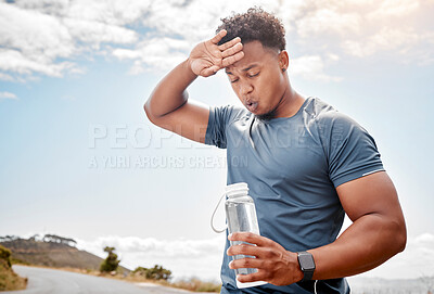 Buy stock photo Fitness, outdoor and black man drinking water, tired and exercise with wellness, health and cardio training. Male person, guy or athlete outside, resting and liquid with practice, sweating and sports