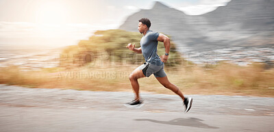 Buy stock photo Motion blur, workout and man running in road for endurance challenge, cardio exercise or marathon. Outdoor, speed and African athlete in street for physical activity, performance or race in morning