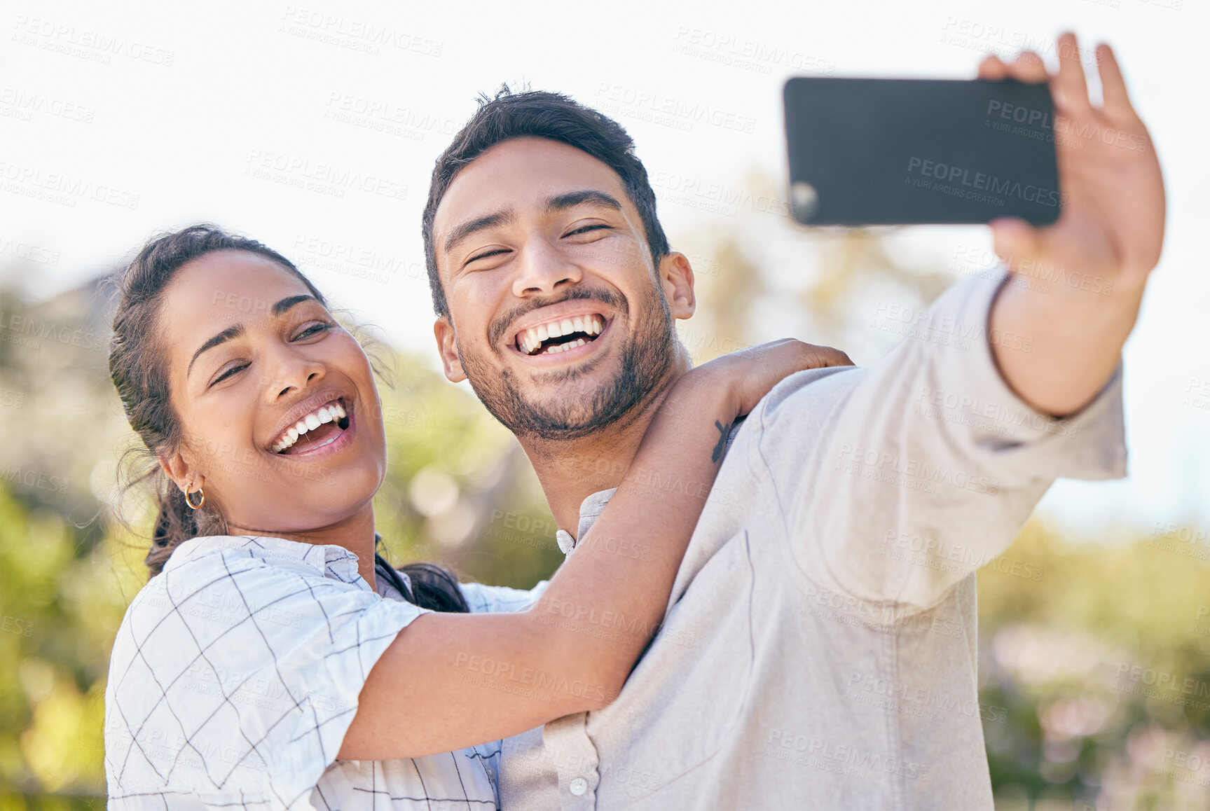 Buy stock photo Couple smile, nature and selfie together for social media post and memory for healthy relationship. Happy woman, man and picture or live streaming in garden for romantic outdoor date and summer vlog