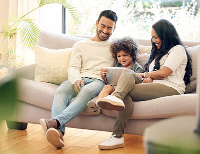 Buy stock photo Family, child and a tablet for learning on a home sofa with happiness, development and internet. Man, woman and son or kid laugh together on couch with technology for education, games and online app