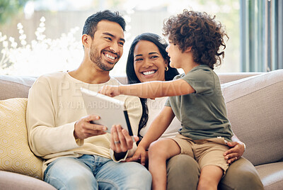 Buy stock photo Family, tablet and child learning on a home sofa with happiness, development and internet connection. Man, woman and son or kid together on a couch with technology for education, games and online app