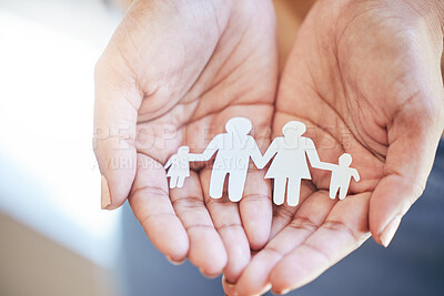 Buy stock photo Hands, paper cutout and family planning with a person holding a symbol for insurance, community or charity. security, future or support with palms of an adult carrying a shape of parents and children