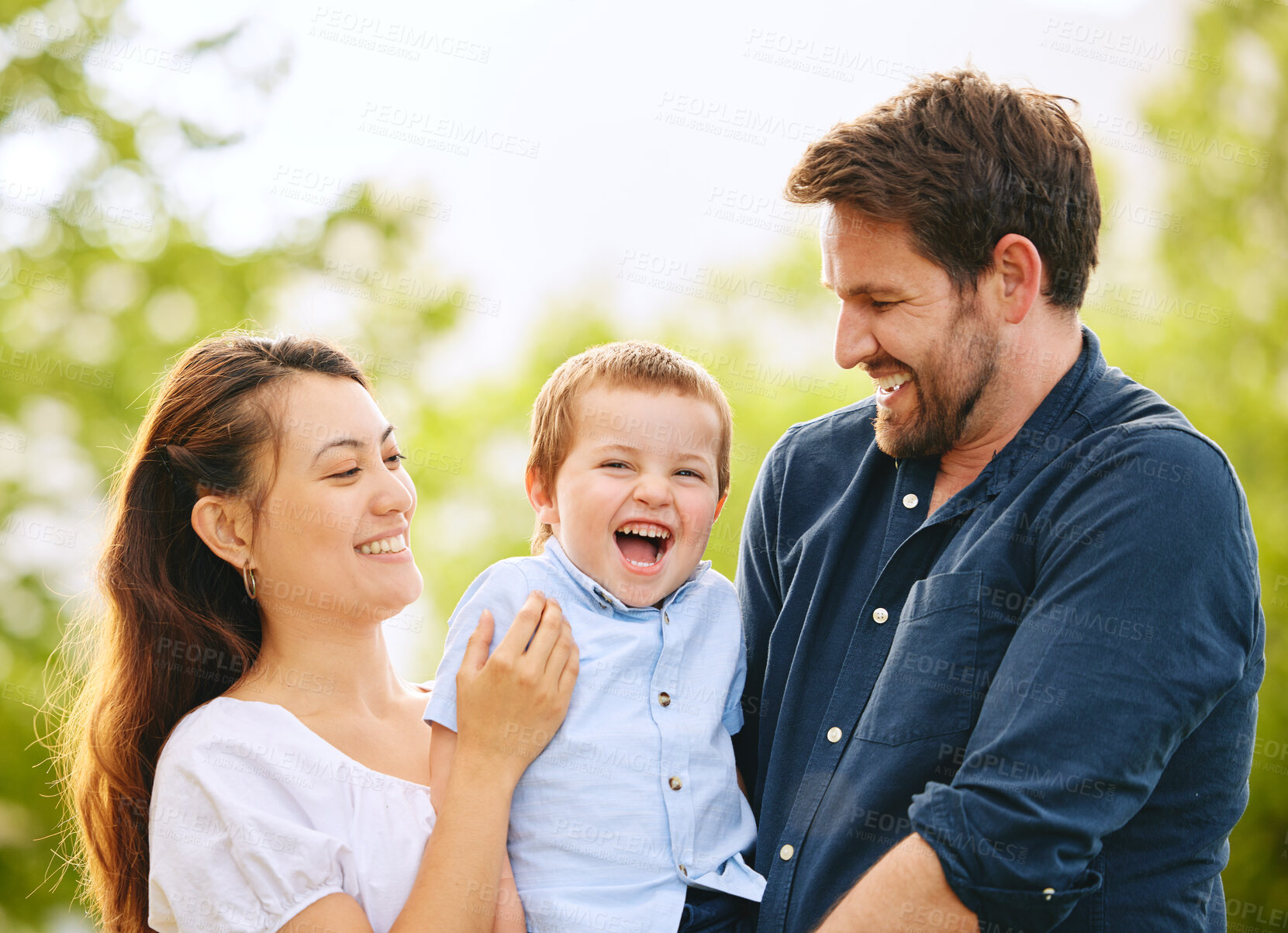 Buy stock photo Happy, family and child outdoor park together for bonding, love and support on summer vacation. Woman, man and kid smile with care, trust and respect for childhood memory on holiday sunshine