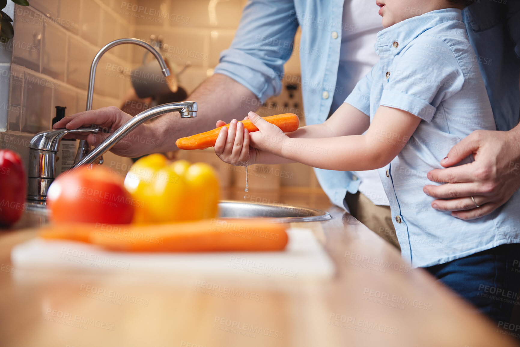 Buy stock photo Home, boy and father at sink or vegetables, routine and teaching or child development, learning and ingredients. Family, single parent and rinse with son, kid and clean water with hygiene and cooking