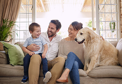 Buy stock photo Family laugh, home and dog with child, mom and dad relax on sofa in living room with love. Pet animal, mother and father with young kid for fun, happiness and care in a house with golden retriever