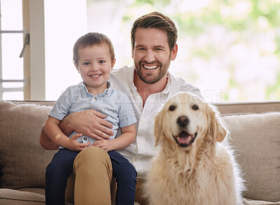 Buy stock photo Father, home portrait and dog with child in living room for love, happiness and quality time. Animal, pet and dad with young kid, golden retriever and smile to relax on a sofa in a lounge together