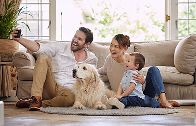 Buy stock photo Selfie, social media and happy family in the living room with  a dog for internet. Smile, playing and parents, baby and a pet taking a photo for the web, chat or profile picture on the house floor