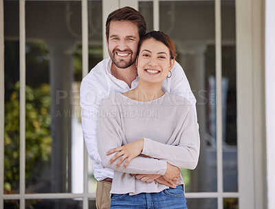Buy stock photo Shot of a couple bonding on the porch at home