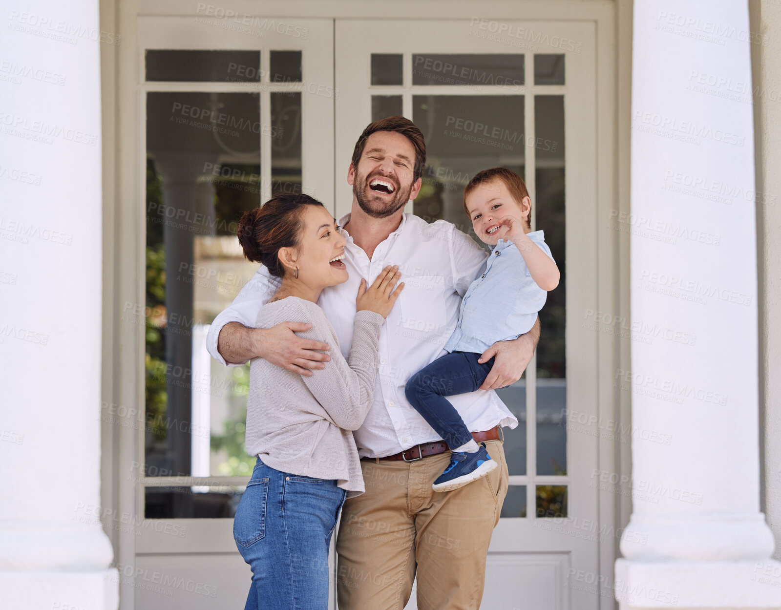 Buy stock photo Happy, laughing and family outdoor of new house with hug, love and care for mortgage together. Smile, porch and parents embracing and bonding with boy child for homeownership or property investment